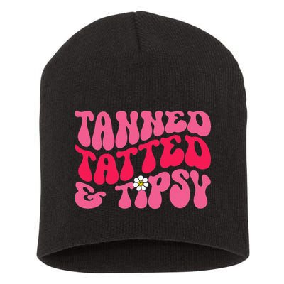 Tanned Tatted and Tipsy Groovy Retro Floral Vibes Summer Short Acrylic Beanie