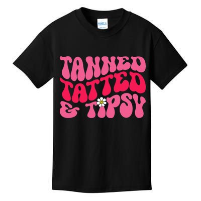 Tanned Tatted and Tipsy Groovy Retro Floral Vibes Summer Kids T-Shirt