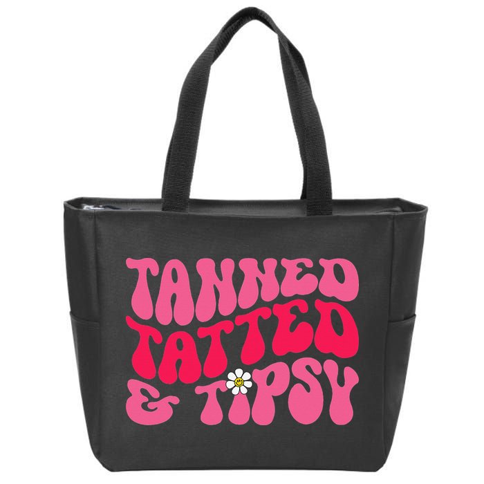 Tanned Tatted and Tipsy Groovy Retro Floral Vibes Summer Zip Tote Bag
