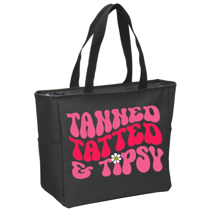 Tanned Tatted and Tipsy Groovy Retro Floral Vibes Summer Zip Tote Bag