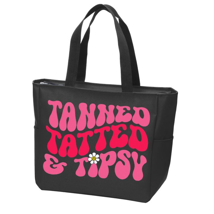 Tanned Tatted and Tipsy Groovy Retro Floral Vibes Summer Zip Tote Bag