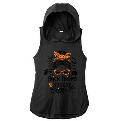 Thick Thighs And Spooky Vibes Messy Bun Girl Funny Halloween Ladies PosiCharge Tri-Blend Wicking Draft Hoodie Tank