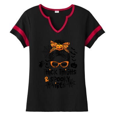 Thick Thighs And Spooky Vibes Messy Bun Girl Funny Halloween Ladies Halftime Notch Neck Tee