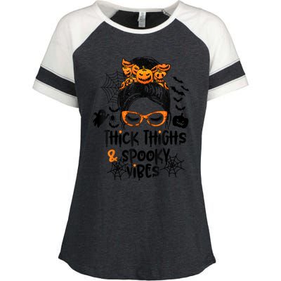 Thick Thighs And Spooky Vibes Messy Bun Girl Funny Halloween Enza Ladies Jersey Colorblock Tee