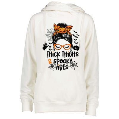 Thick Thighs And Spooky Vibes Messy Bun Girl Funny Halloween Womens Funnel Neck Pullover Hood