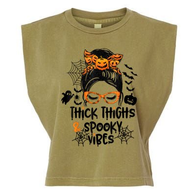 Thick Thighs And Spooky Vibes Messy Bun Girl Funny Halloween Garment-Dyed Women's Muscle Tee