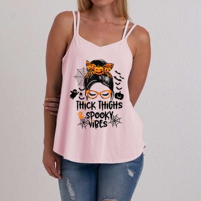 Thick Thighs And Spooky Vibes Messy Bun Girl Funny Halloween Women's Strappy Tank