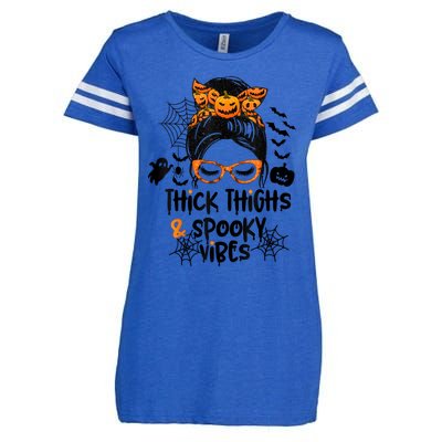 Thick Thighs And Spooky Vibes Messy Bun Girl Funny Halloween Enza Ladies Jersey Football T-Shirt