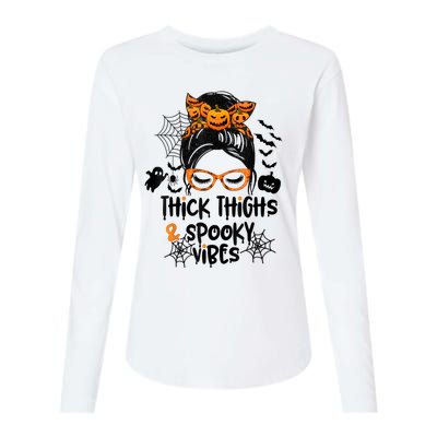 Thick Thighs And Spooky Vibes Messy Bun Girl Funny Halloween Womens Cotton Relaxed Long Sleeve T-Shirt