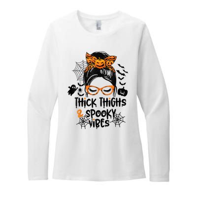 Thick Thighs And Spooky Vibes Messy Bun Girl Funny Halloween Womens CVC Long Sleeve Shirt