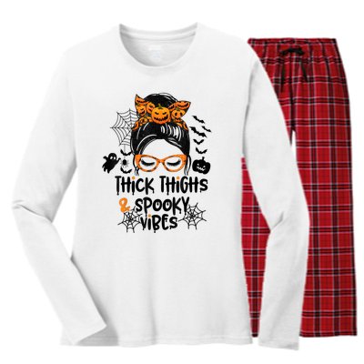 Thick Thighs And Spooky Vibes Messy Bun Girl Funny Halloween Women's Long Sleeve Flannel Pajama Set 