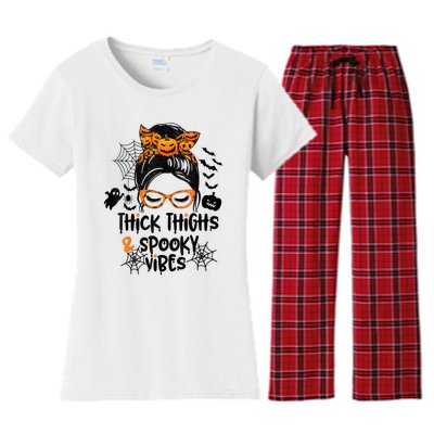 Thick Thighs And Spooky Vibes Messy Bun Girl Funny Halloween Women's Flannel Pajama Set