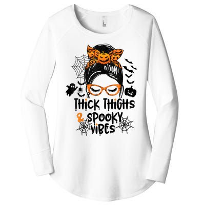 Thick Thighs And Spooky Vibes Messy Bun Girl Funny Halloween Women's Perfect Tri Tunic Long Sleeve Shirt