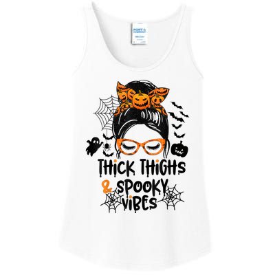 Thick Thighs And Spooky Vibes Messy Bun Girl Funny Halloween Ladies Essential Tank