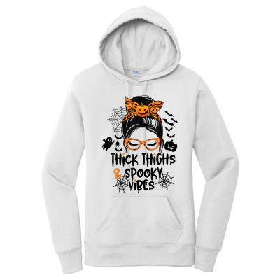 Thick Thighs And Spooky Vibes Messy Bun Girl Funny Halloween Women's Pullover Hoodie