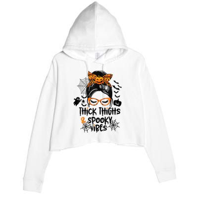 Thick Thighs And Spooky Vibes Messy Bun Girl Funny Halloween Crop Fleece Hoodie