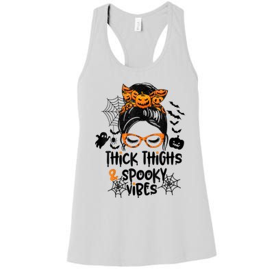 Thick Thighs And Spooky Vibes Messy Bun Girl Funny Halloween Women's Racerback Tank