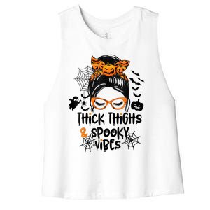 Thick Thighs And Spooky Vibes Messy Bun Girl Funny Halloween Women's Racerback Cropped Tank