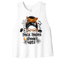 Thick Thighs And Spooky Vibes Messy Bun Girl Funny Halloween Women's Racerback Cropped Tank