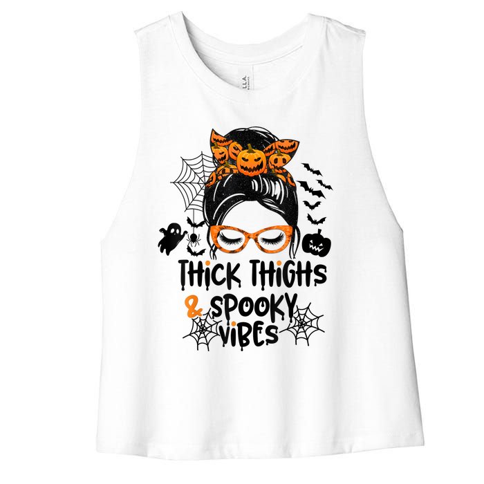 Thick Thighs And Spooky Vibes Messy Bun Girl Funny Halloween Women's Racerback Cropped Tank