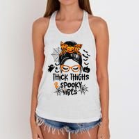 Thick Thighs And Spooky Vibes Messy Bun Girl Funny Halloween Women's Knotted Racerback Tank