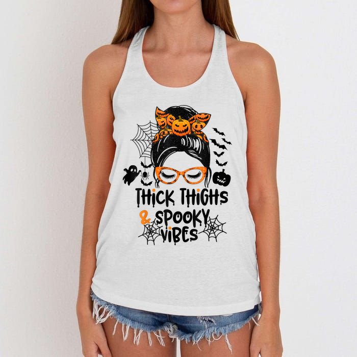 Thick Thighs And Spooky Vibes Messy Bun Girl Funny Halloween Women's Knotted Racerback Tank