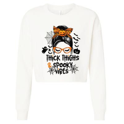 Thick Thighs And Spooky Vibes Messy Bun Girl Funny Halloween Cropped Pullover Crew