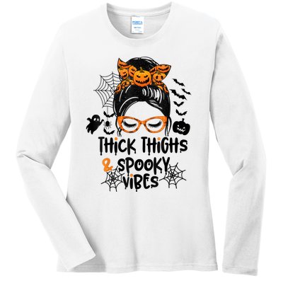 Thick Thighs And Spooky Vibes Messy Bun Girl Funny Halloween Ladies Long Sleeve Shirt