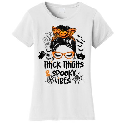 Thick Thighs And Spooky Vibes Messy Bun Girl Funny Halloween Women's T-Shirt