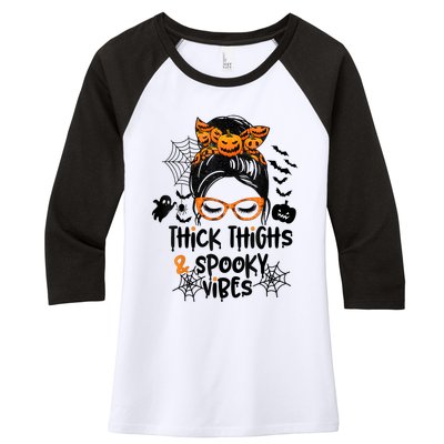 Thick Thighs And Spooky Vibes Messy Bun Girl Funny Halloween Women's Tri-Blend 3/4-Sleeve Raglan Shirt