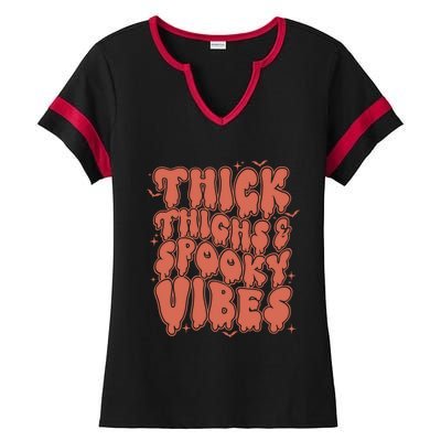 Thick Thighs And Spooky Vibes Great Gift Retro Vintage Halloween Gift Ladies Halftime Notch Neck Tee