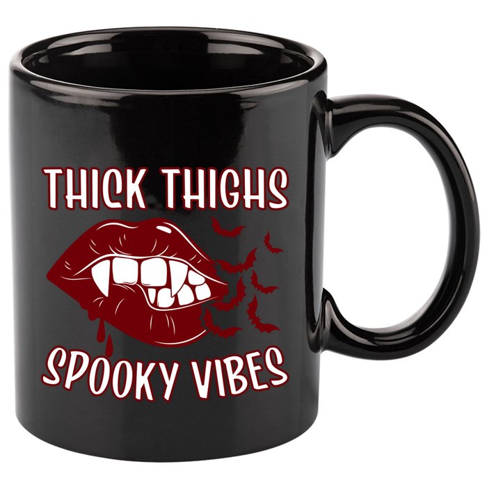 Thick Thighs And Spooky Vibes Vampire Bat Lips Gift 11oz C Handle Ceramic Mug