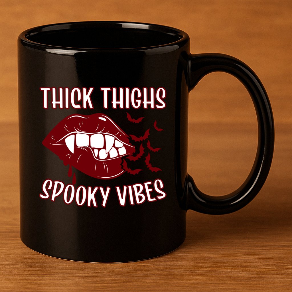 Thick Thighs And Spooky Vibes Vampire Bat Lips Gift 11oz C Handle Ceramic Mug