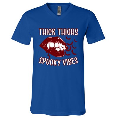 Thick Thighs And Spooky Vibes Vampire Bat Lips Gift V-Neck T-Shirt