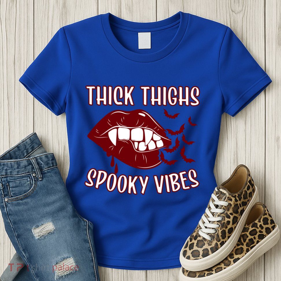 Thick Thighs And Spooky Vibes Vampire Bat Lips Gift Womens T-Shirt