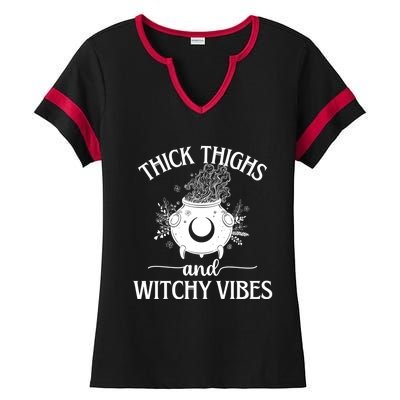 Thick Thighs And Witchy Vibes Halloween Cute Gift Ladies Halftime Notch Neck Tee