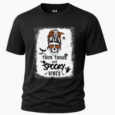 Thick Thighs And Spooky Vibes Bleached Messy Bun Skull Cooling Performance Crew T-Shirt