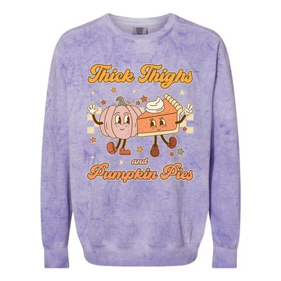 Thick Thighs And Pumpkin Pies Funny Retro Groovy Thanksgiving Cool Gift Colorblast Crewneck Sweatshirt