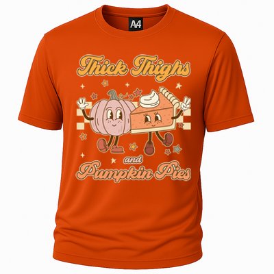 Thick Thighs And Pumpkin Pies Funny Retro Groovy Thanksgiving Cool Gift Cooling Performance Crew T-Shirt