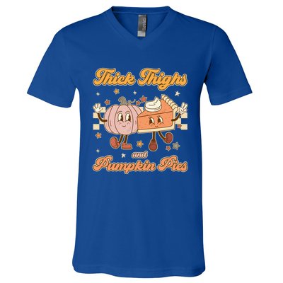 Thick Thighs And Pumpkin Pies Funny Retro Groovy Thanksgiving Cool Gift V-Neck T-Shirt