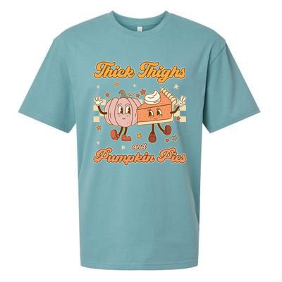 Thick Thighs And Pumpkin Pies Funny Retro Groovy Thanksgiving Cool Gift Sueded Cloud Jersey T-Shirt