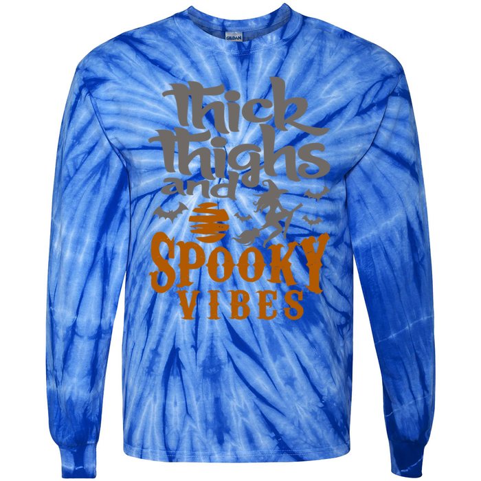 Thick Thighs And Spooky Vibes Funny Halloween Witch Graphic Cute Gift Tie-Dye Long Sleeve Shirt