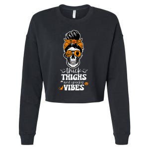 Thick Thighs and Spooky Vibes Messy Bun Girl Funny Halloween Cropped Pullover Crew