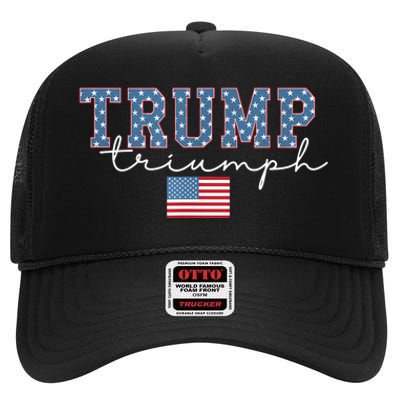 Trump Triumph American Flag Stars 2024 Winner Maga Victory High Crown Mesh Back Trucker Hat