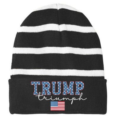 Trump Triumph American Flag Stars 2024 Winner Maga Victory Striped Beanie with Solid Band