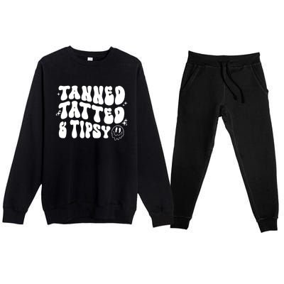 Tanned Tatted And Tipsy Groovy Beach Summer Vacation Gift Premium Crewneck Sweatsuit Set