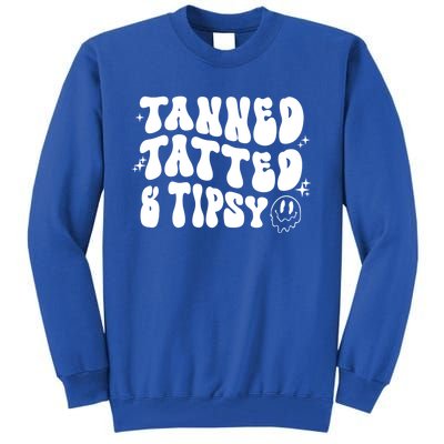 Tanned Tatted And Tipsy Groovy Beach Summer Vacation Gift Tall Sweatshirt