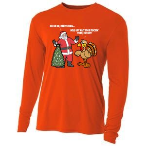 Thanksgiving Turkey And Santa Claus Christmas Too Early Gift Cooling Performance Long Sleeve Crew