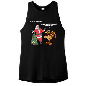 Thanksgiving Turkey And Santa Claus Christmas Too Early Gift Ladies PosiCharge Tri-Blend Wicking Tank