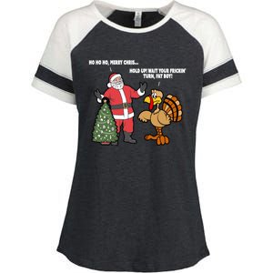 Thanksgiving Turkey And Santa Claus Christmas Too Early Gift Enza Ladies Jersey Colorblock Tee